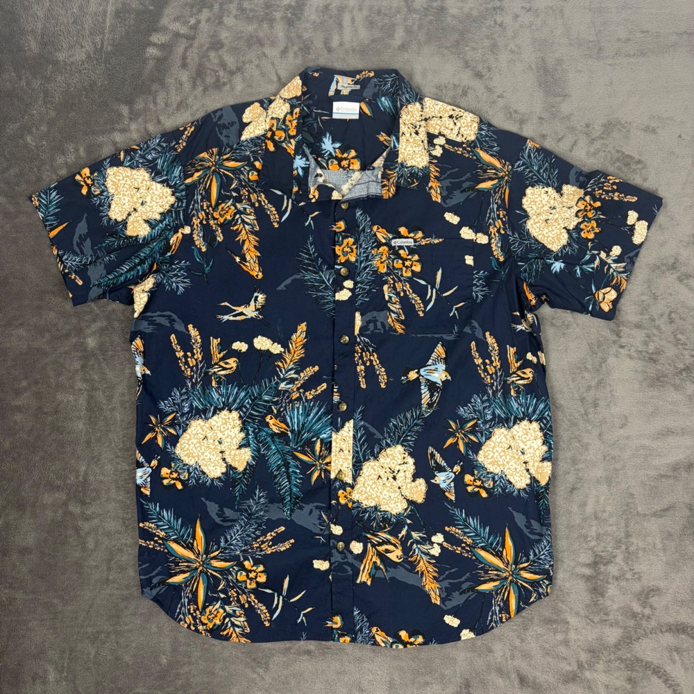 Columbia Shirt Men XL Navy Blue Tropical Floral Bird Print Button Up Regular Fit